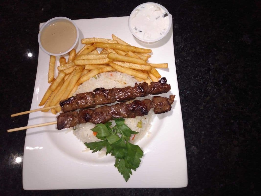 Beef Kebab with Rice and Fries