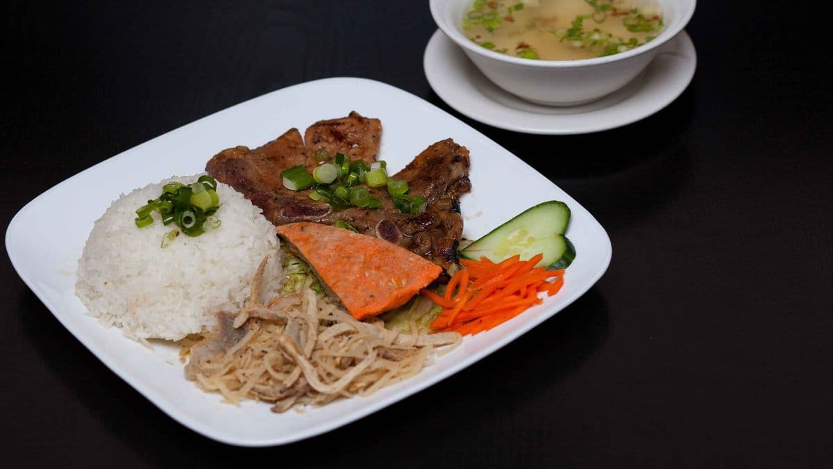 76.Grilled Pork Chop, Egg Meat Pie & Shredded Pork on Rice