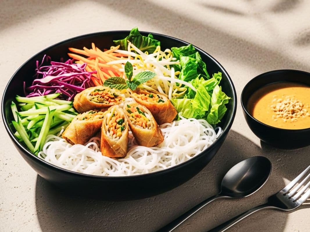 54. Vermicelli with Vegetarian Crispy Rolls & Fresh Vegetables. Served with Peanut Sauce. (Online)