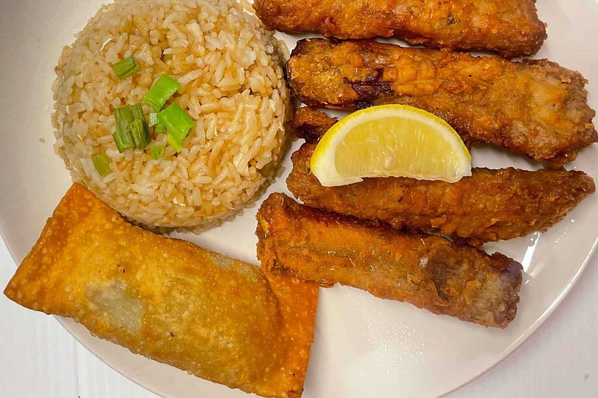 A lunch (rice, 3-4bons, egg roll)