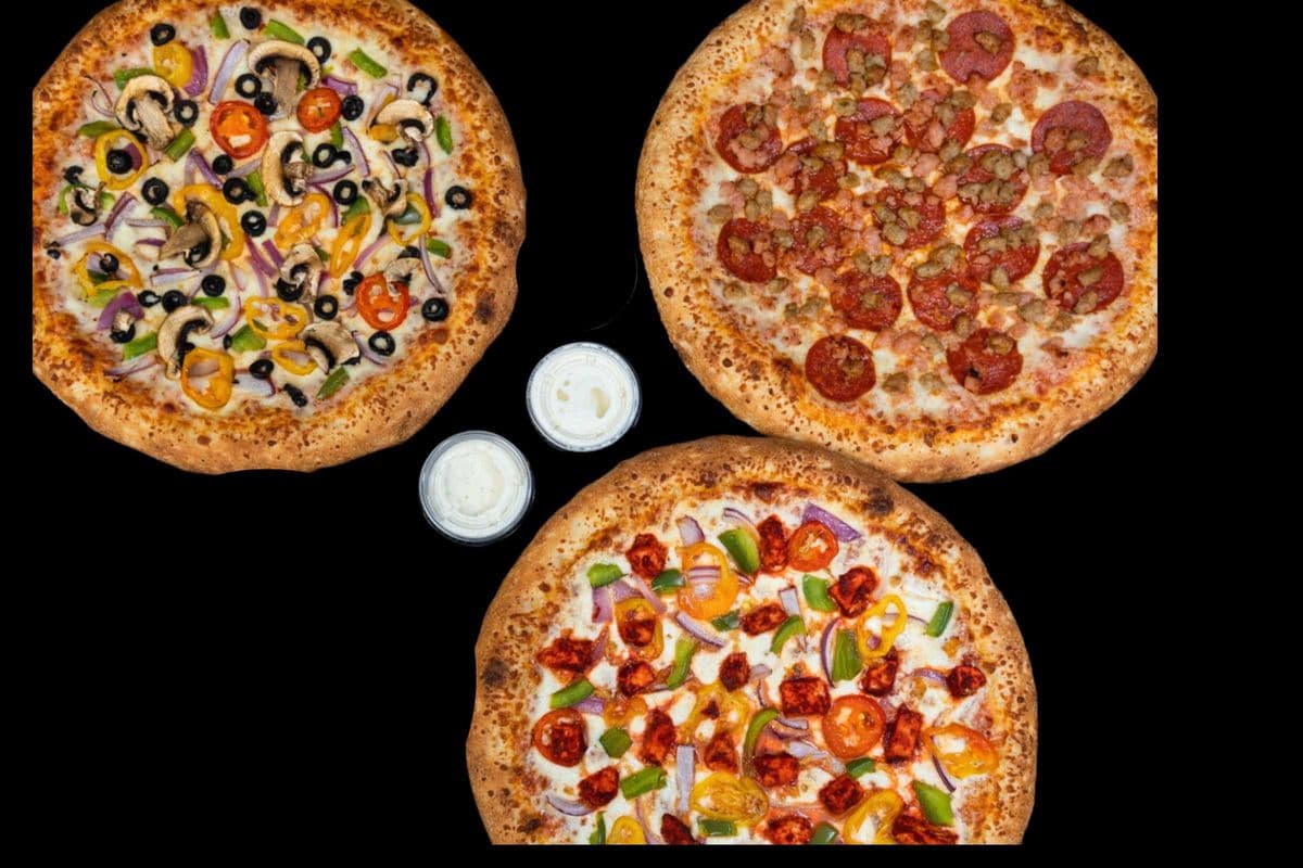 Three Small Pizzas, 3 Toppings each & 2 Dips