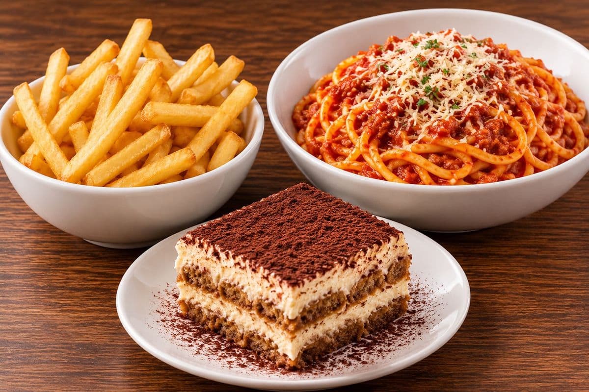 1 order of French fries, 1 meat spaghetti , 1 tiramisu