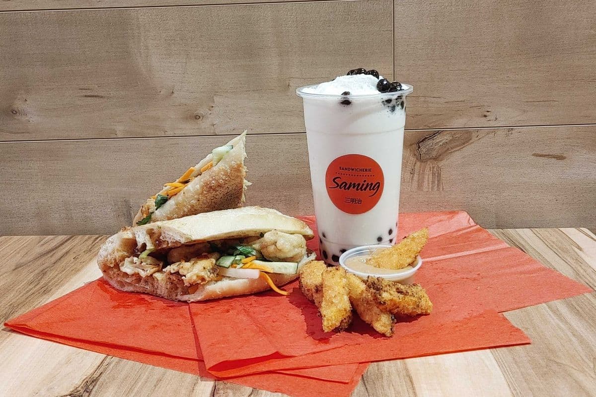 Banh Mi trio végétarien avec thé a bulles / Banh Mi Vegetarian trio with bubble tea