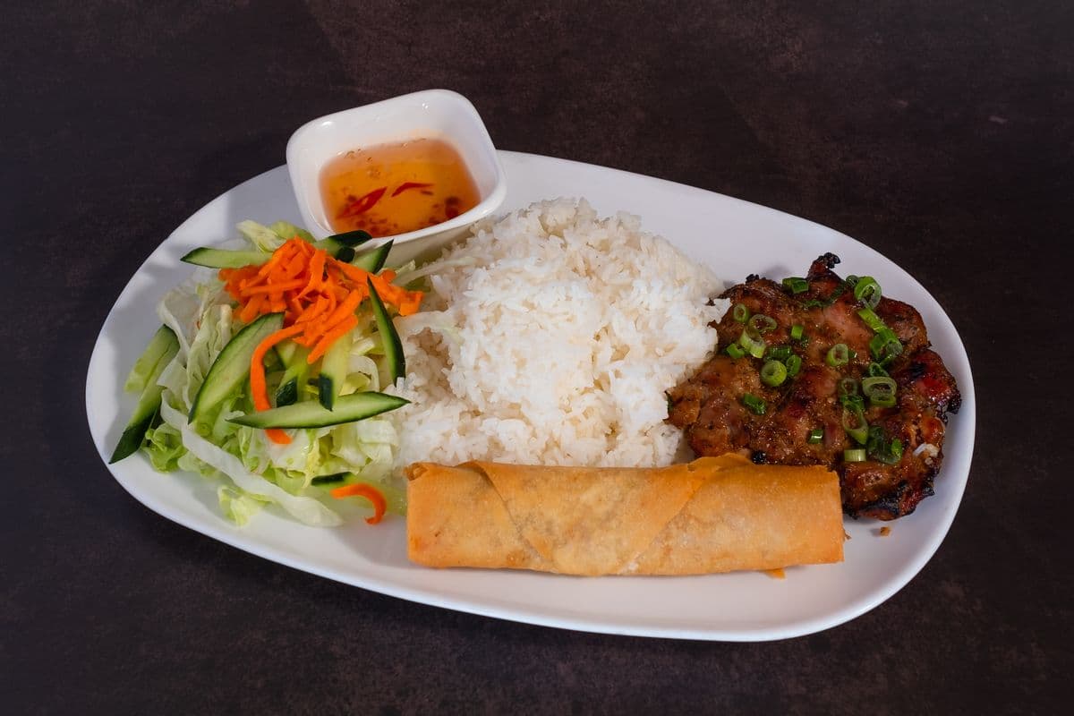 C3. Grilled Chicken Fillet and Fried Roll with Rice - Com Ga Nuong Cha Gio