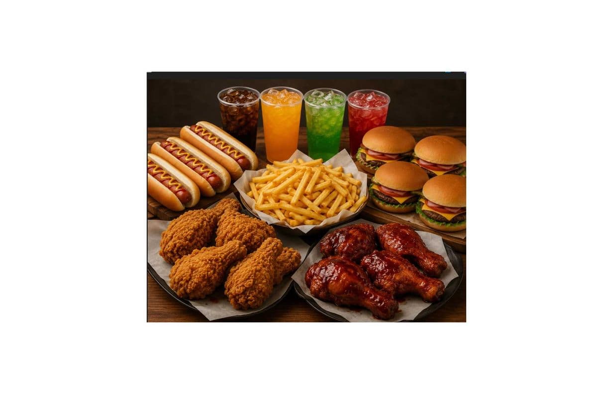 4 Fried Chicken, 4 B.B.Q Chicken, 3 Hot Dog, 4 Ham Burger with French Fries And 4 Drinks