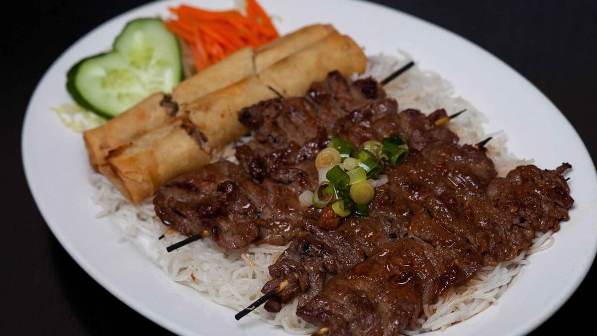 46.Grilled Satay & Spring Rolls on Rice Vermicelli