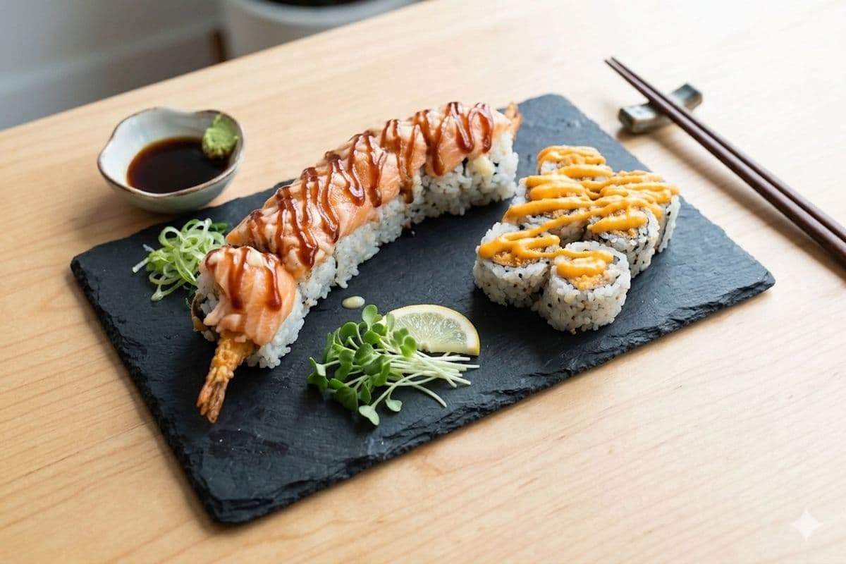 Spicy Salmon (6 pcs) and Orange Dragon