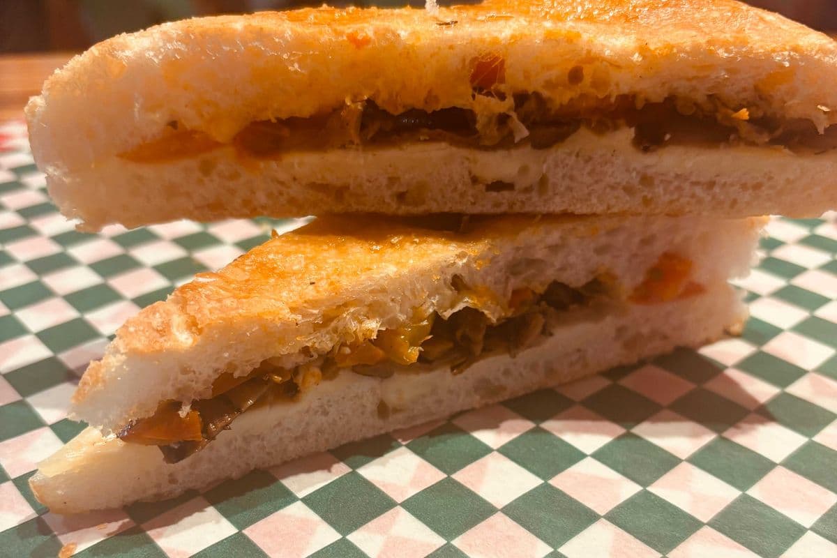 Hot Panini, Grilled Veg, slightly pickled and melted cheese on the press.