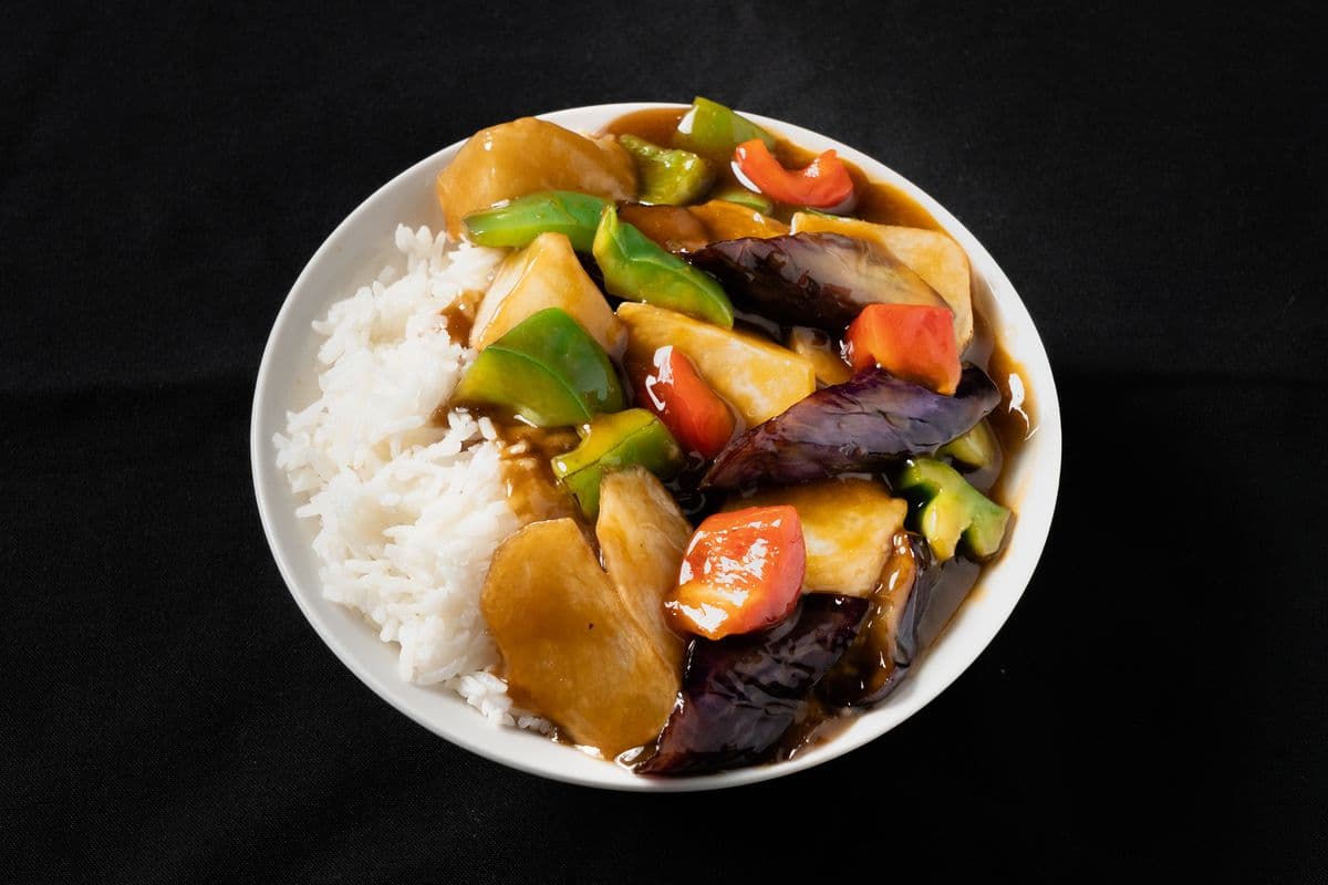 Eggplant, Potato, and Peppers Over Rice Bowl