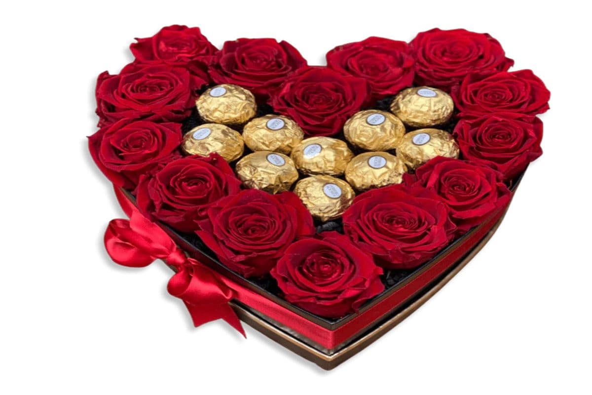 Medium Heart Shaped Box with Roses and Chocolates