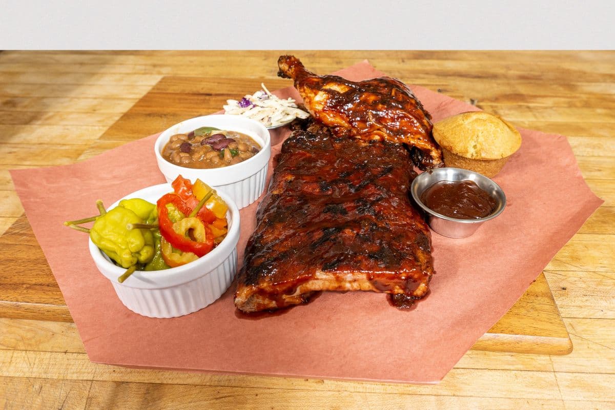 Pork Ribs & BBQ Chicken Dinner w/ Crazy Baked Beans & One Side