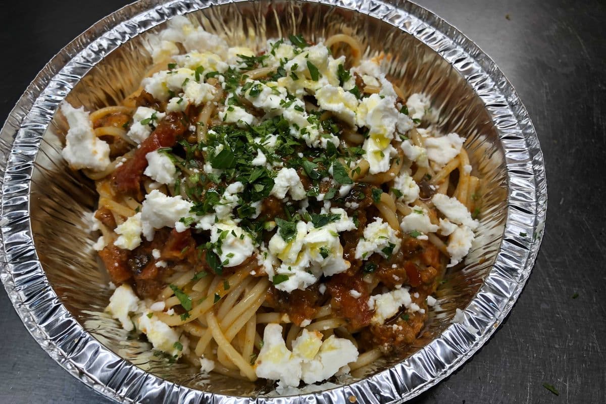 Spaghetti In Black Olive and Sun-Dried Tomato Tapenade Sauce and Feta Cheese