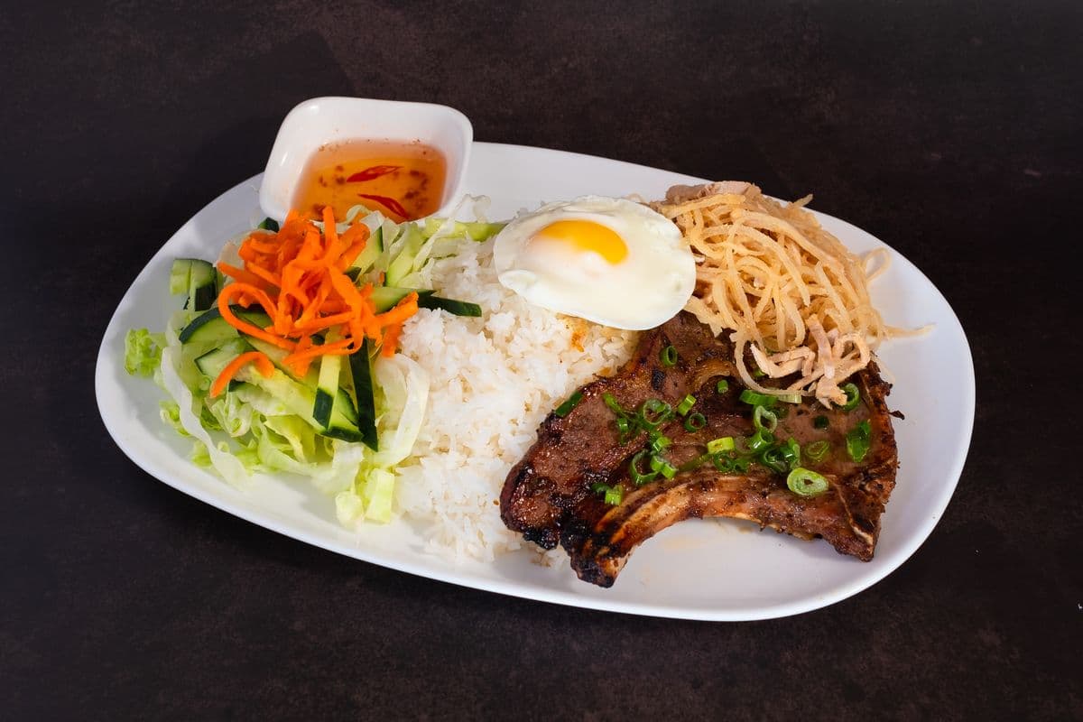 C1. Grilled Pork Chop, Julienned Pork, and Poached Egg with Rice - Com Bi, Suon Nuong, Trung
