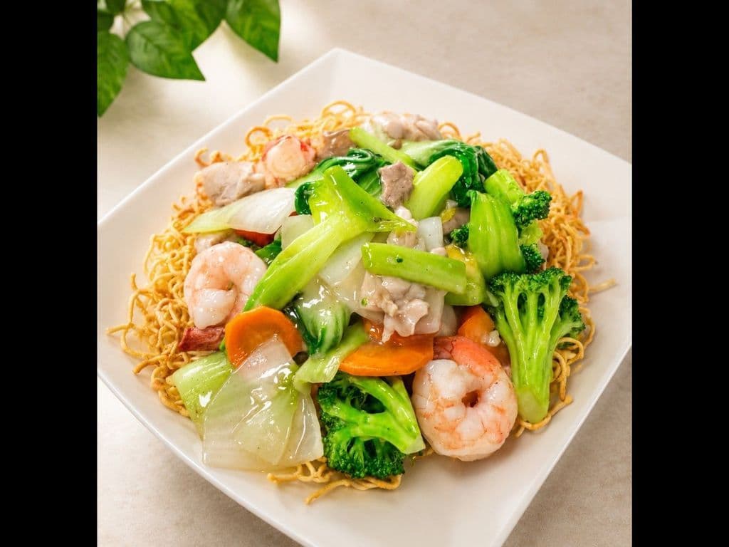 613. Stir Fry Assorted Meats & Seafood on Soft Egg Noodles
