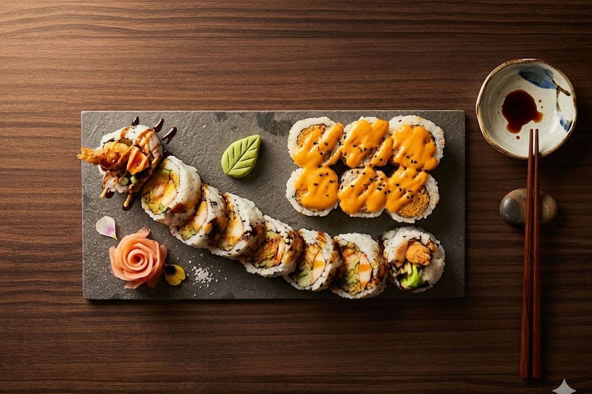 Spicy Salmon (6 pcs) and Dynamite (8 pcs)
