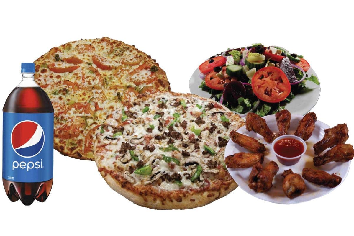Two Large Pizzas, 10 Wings, Large Salad, and Bottle of Pepsi (2L)