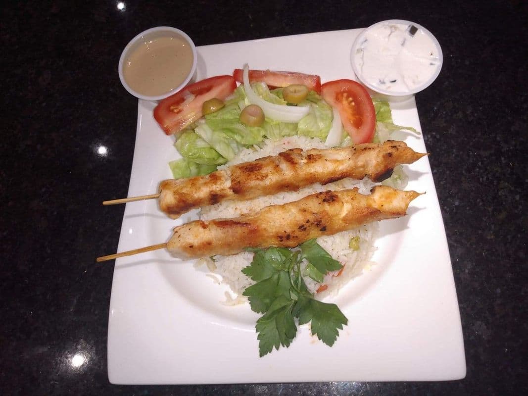 Chicken Kebab with Rice and Salad