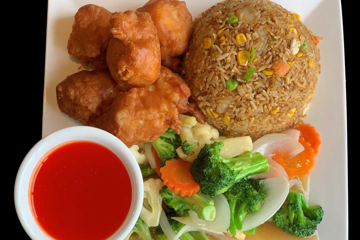 69. Fried Rice with Sweet and Sour Chicken Balls and Mixed Vegetables