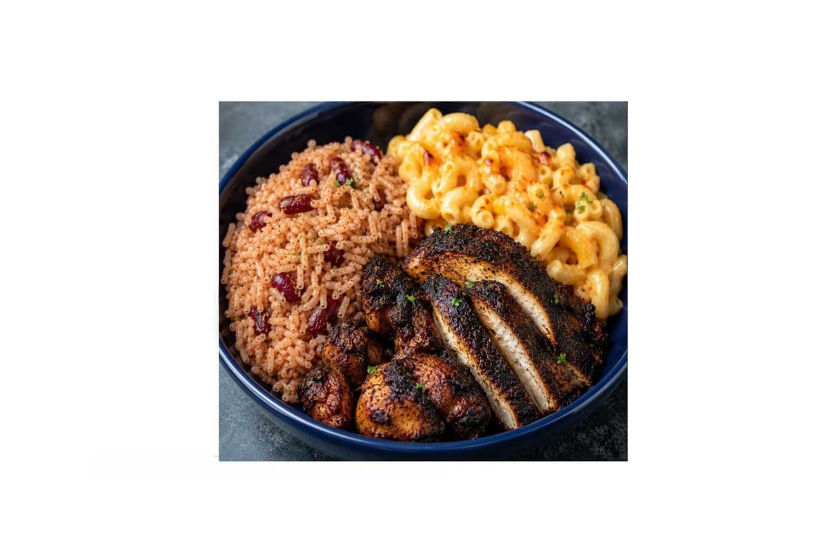 B.B.Q Chicken With Rice and Peas And Mac And Cheese