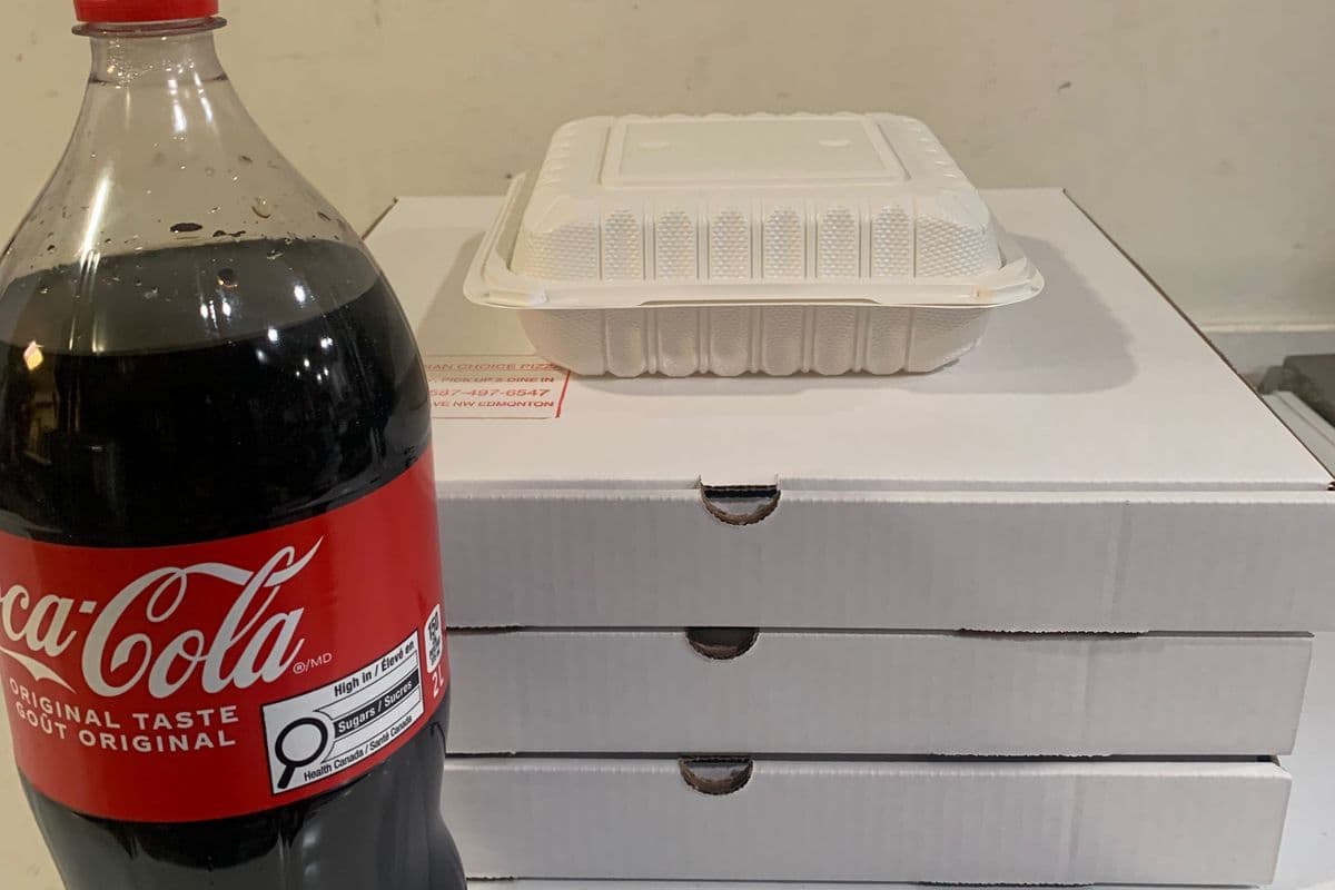 (Family meal) Three 14" Large Specialty pizzas, 20 pieces of Chicken wings or 2 Order of Garlic Cheesy Bread and one two liter of Drink.