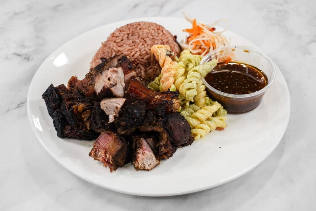 Jerk Pork with Rice and Peas