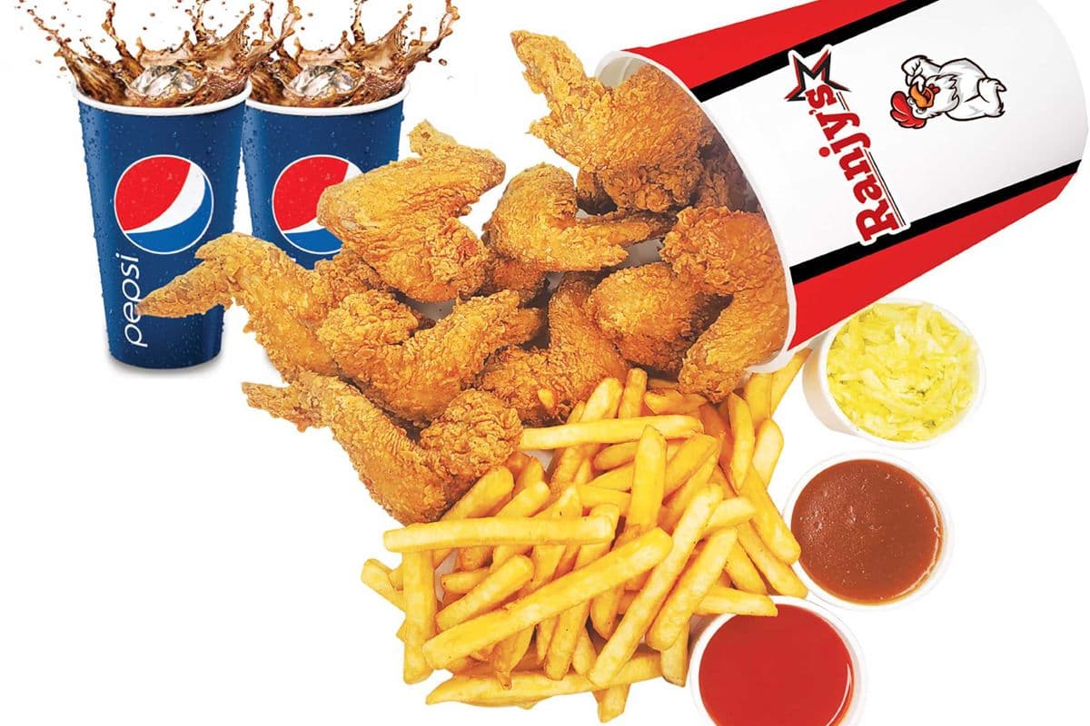 C-6. Ailes fameux (10 mcx) with large frites, Salad, and Two Drinks