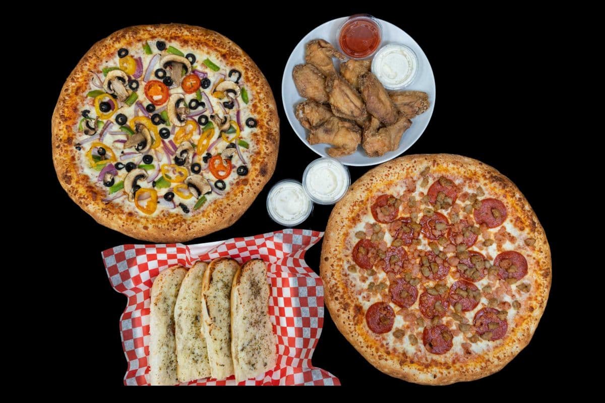 Two Medium Pizzas, Sixteen Wings, One Garlic Bread & 2 Dips