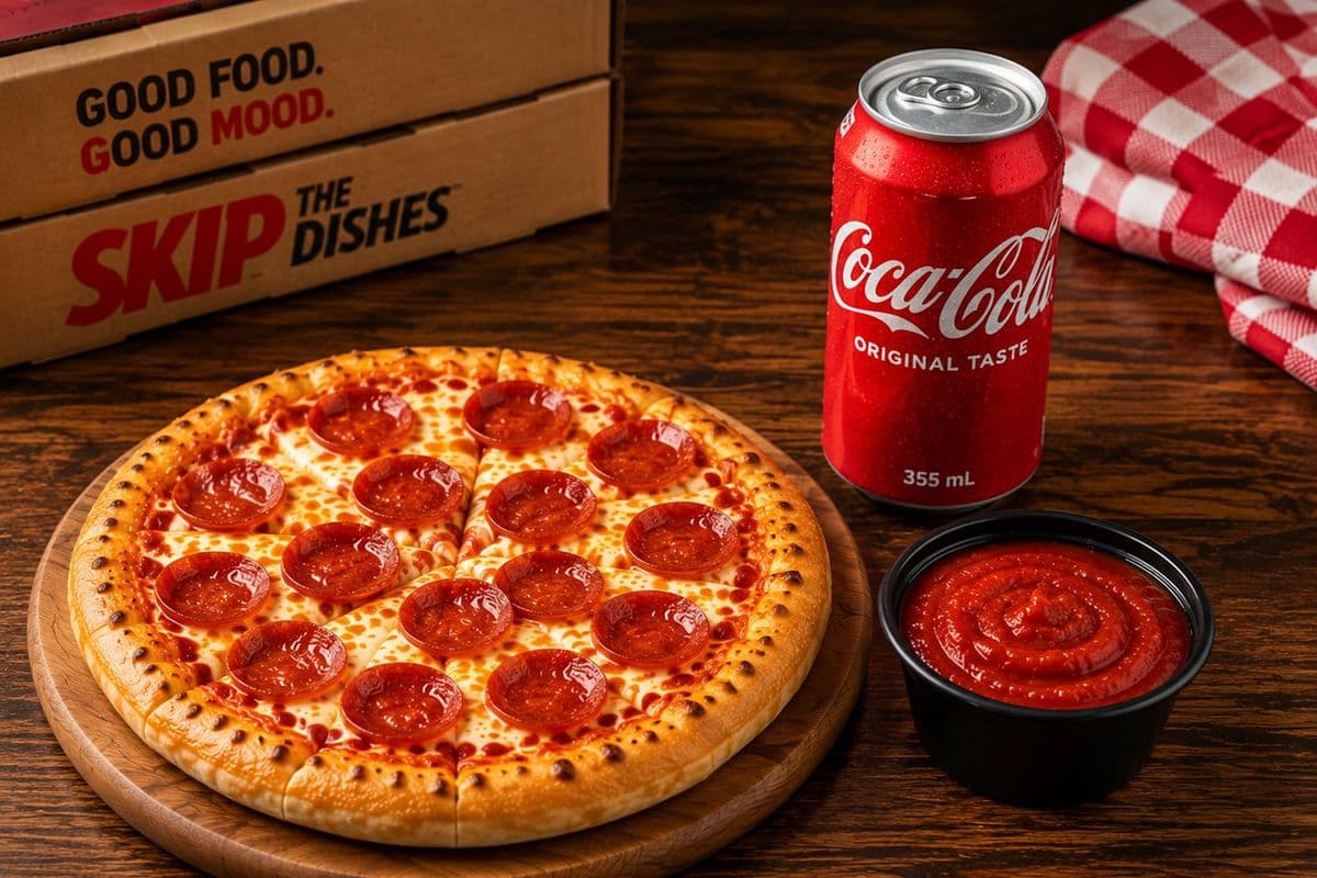 small pepperoni pizza, dipping sauce and can of coke