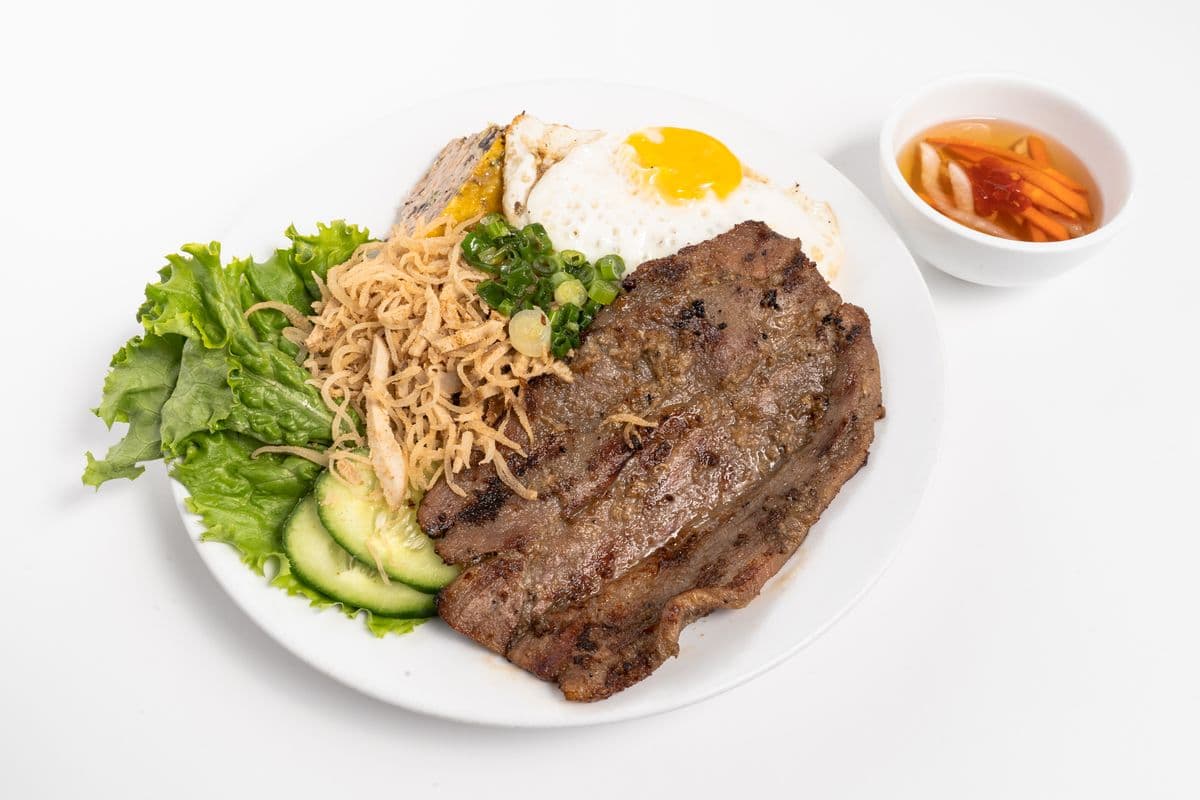 30. Shredded Pork, Grilled Pork Chop and Egg Pancake and Suny up Egg with Minced Rice - ComTam Suon Bi Cha Op-La