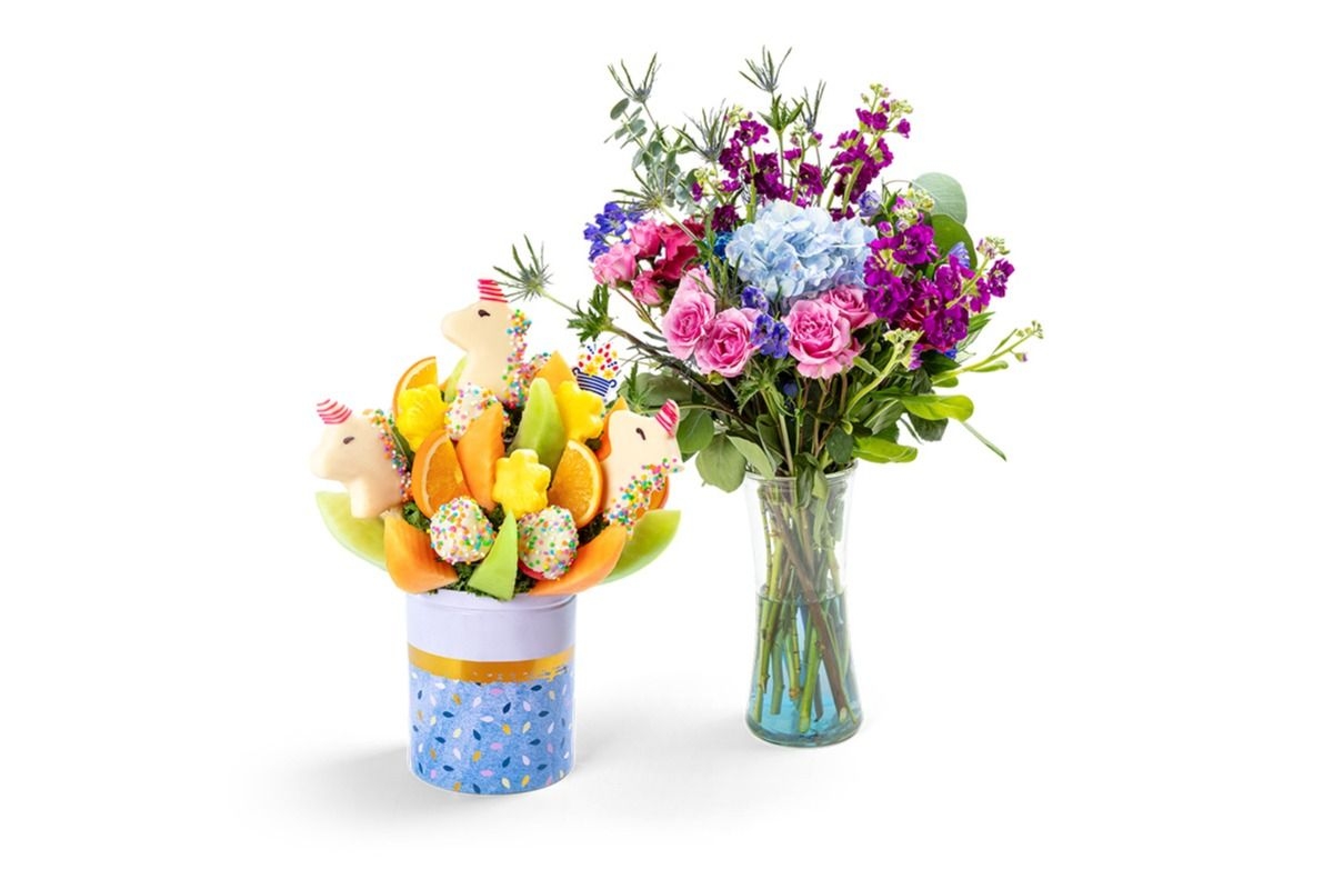 Unicorn Fruit Bouquet and Flowers Gift Bundle - Classic