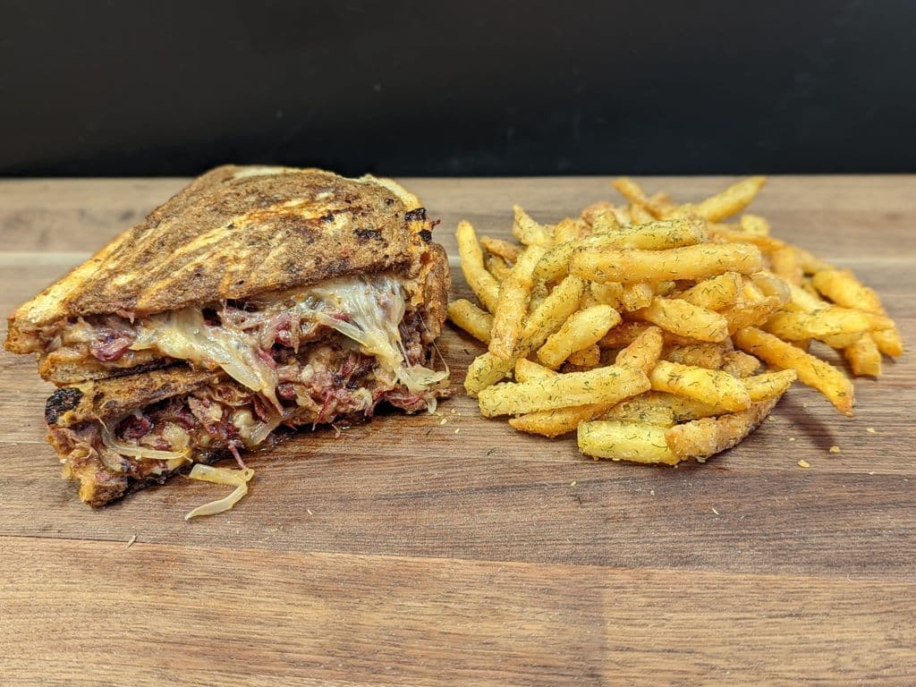Smoked BBQ Pulled Beef Melt & Fries