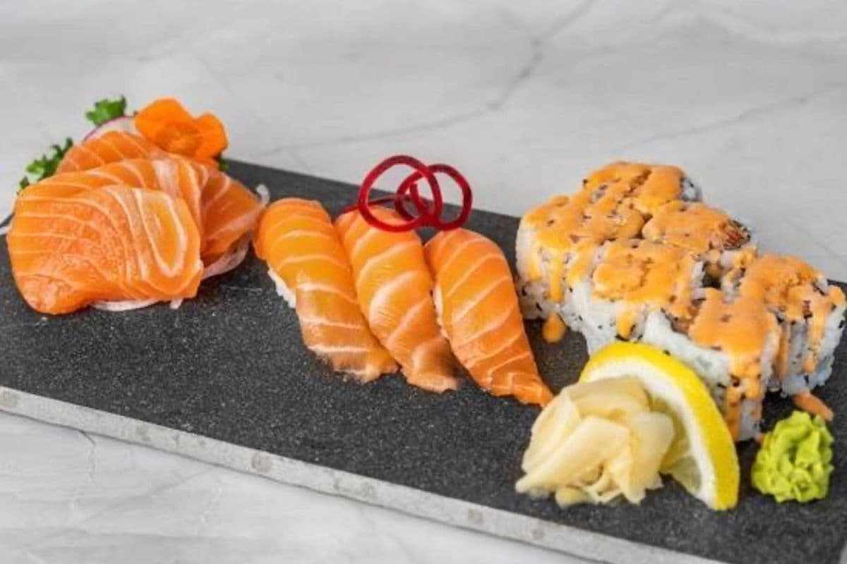 Salmon Lover Sashimi (3 pcs), Sushi (3 pcs), and Spicy Salmon (6 pcs)