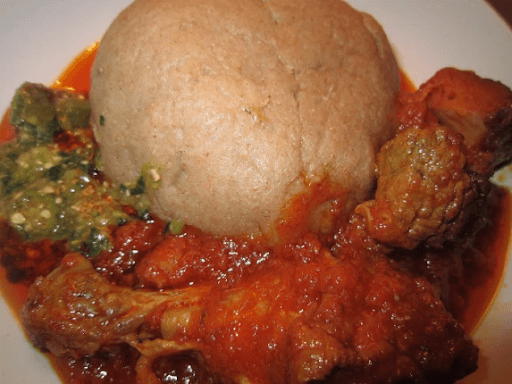 Amala and Any Soup with Three Pieces of Meat or Fish