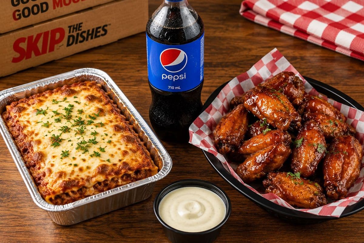 1 meat lasagna, 9 pcs of honey garlic chicken wings & 1 710 ml pepsi