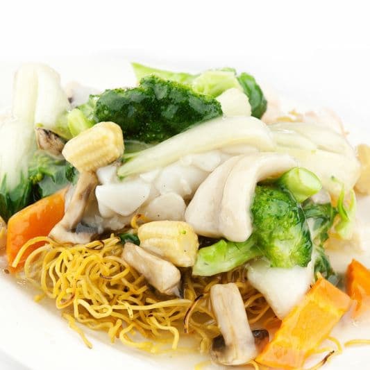 86. Cod Filet with Mixed Vegetable Chow Mein