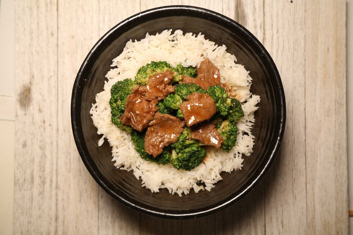 Beef with Broccoli Over Rice Bowl