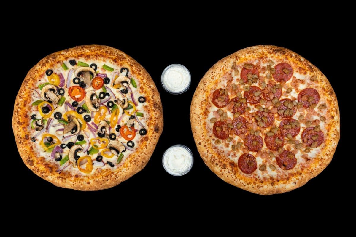 Two Small Pizzas, 3 Toppings each & 2 Dips