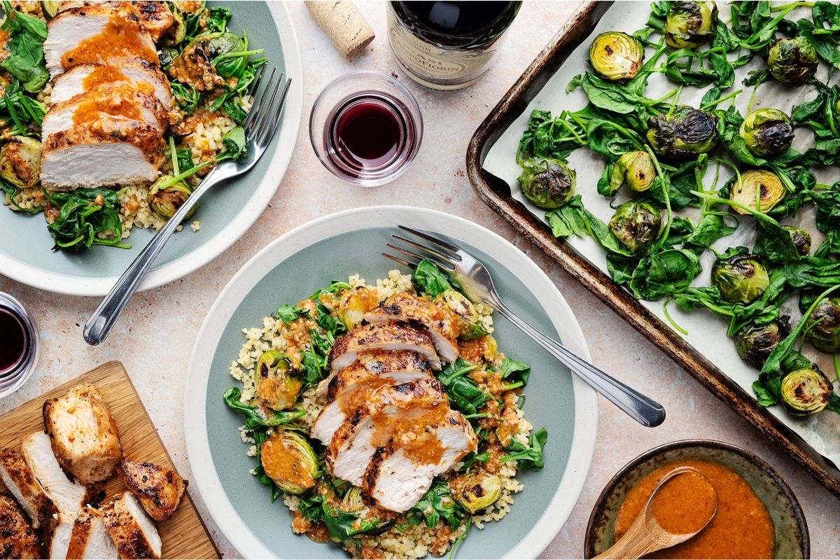 Meal kit: Creamy Tuscan-Style Chicken Breasts with Roasted Brussels Sprouts over Spiced Bulgur