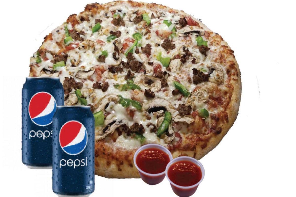 One Large Pizza, Two Pop, and Two Dip Sauce