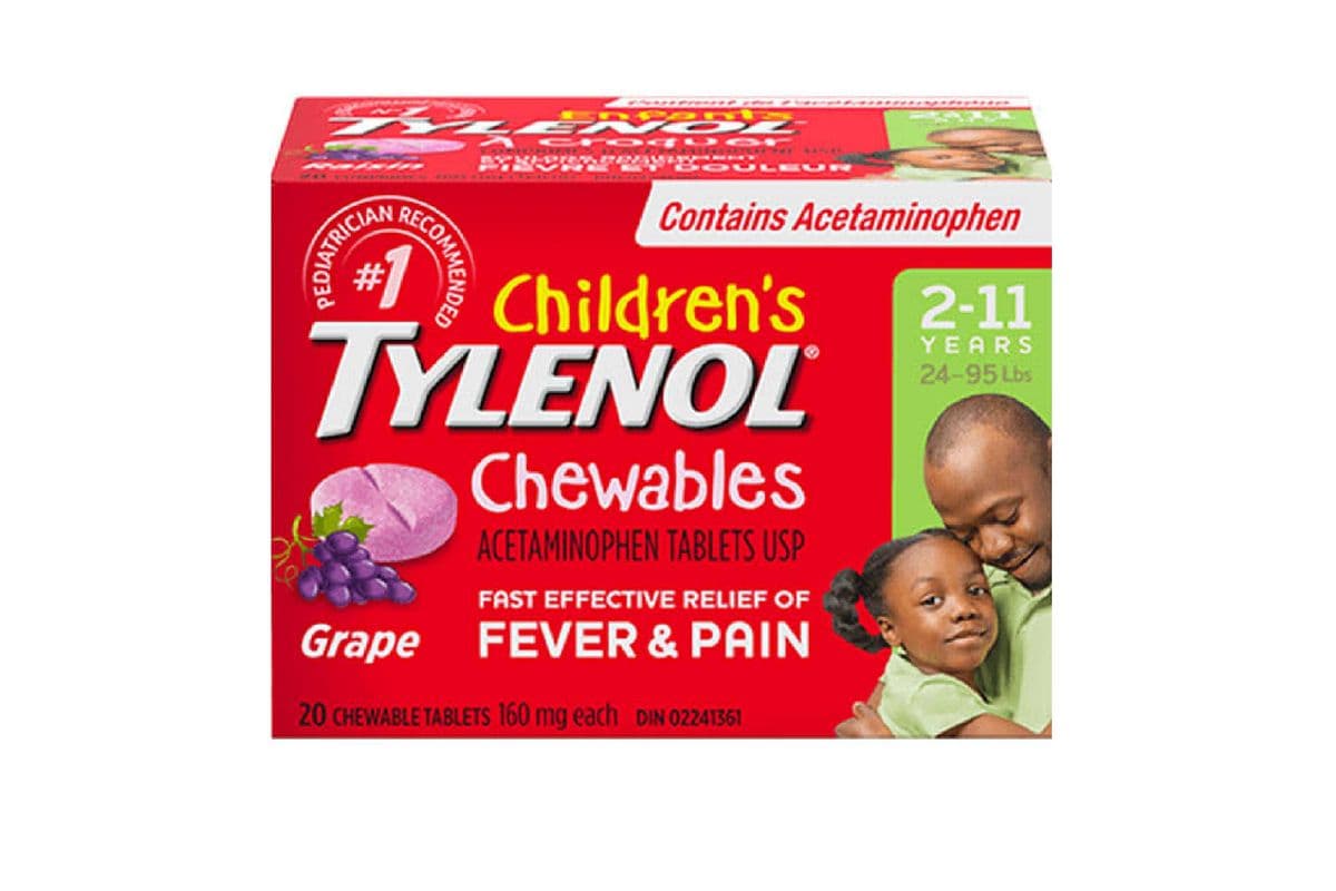 CHILDREN’S TYLENOL 160 MG CHEWABLES FOR FEVER AND PAIN GRAPE FLAVOUR 20 TABLETS PACK (20 TABLETS)