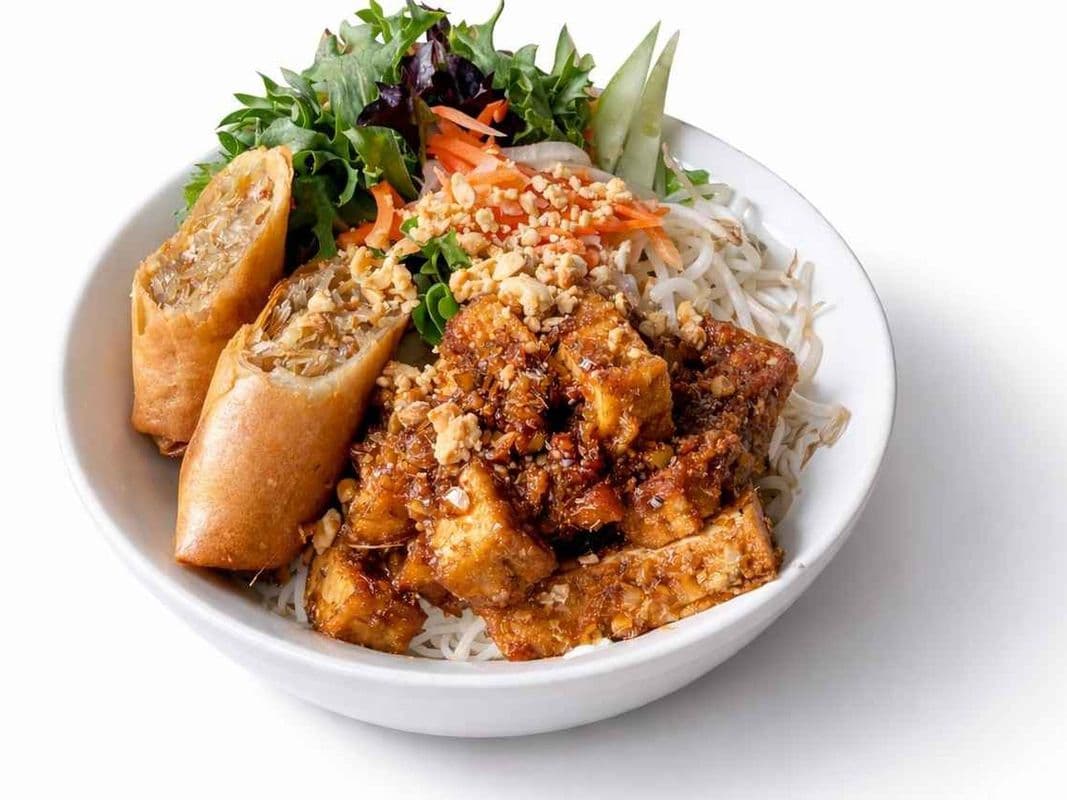 303) Pan Fried Lemongrass Tofu with Veggie Spring Roll