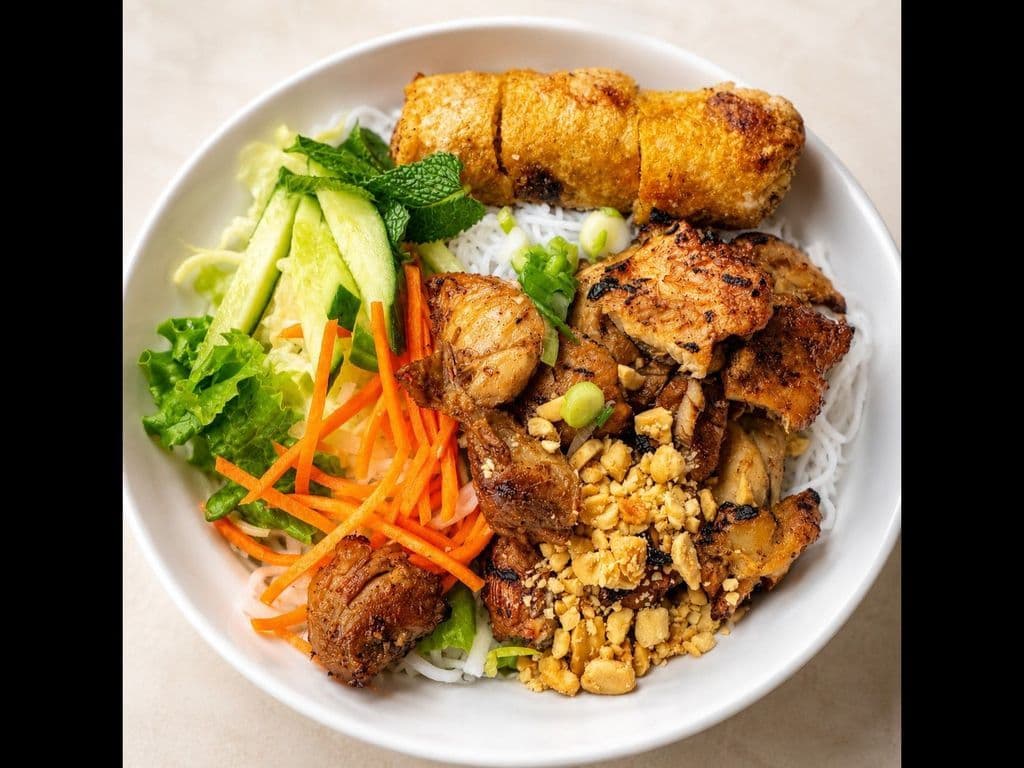 422. Grilled Chicken and Deep Fried Spring Roll on Vermicelli