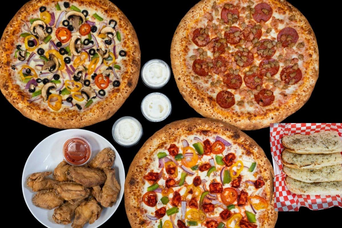 Three Extra-Large Pizzas, 30 Wings, Garlic Bread & 3 Dips