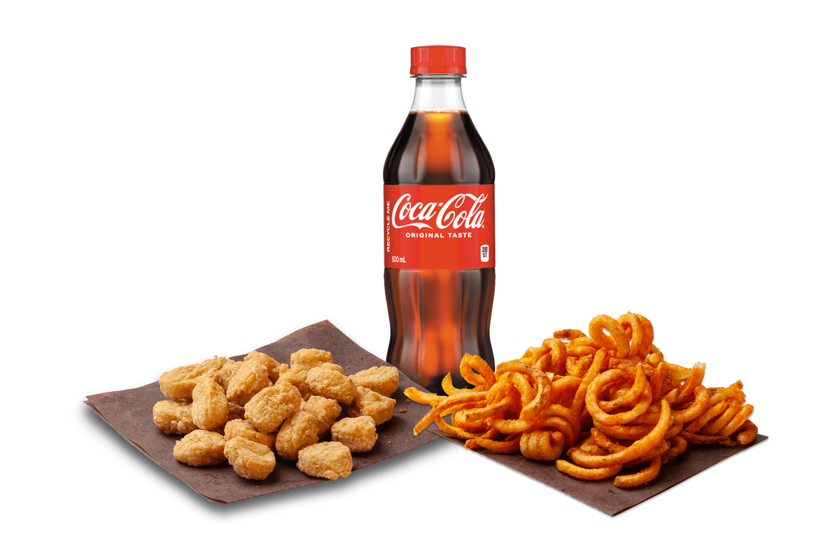 Popcorn Chicken (Snack) + Curly Fries + 500ml Pop