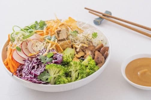Firm Tofu Chilled Noodle Bowl with Savory Ginger Tamari Sauce