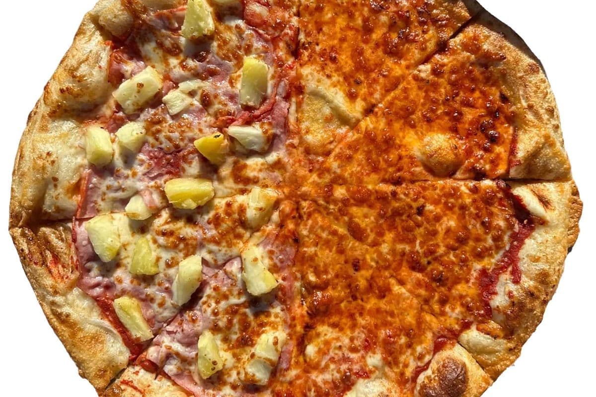 Half Island Pie and Half Formaggio The Grate Pizza