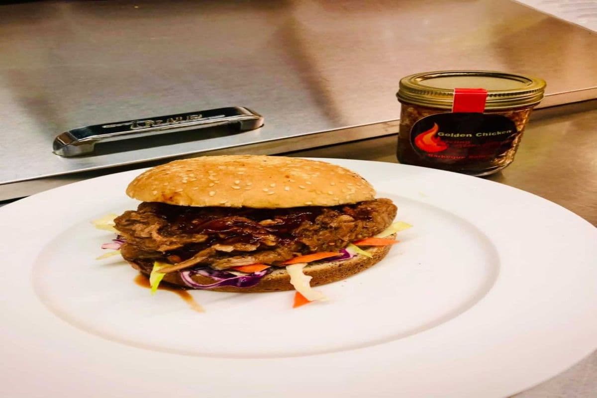 Homemade BBQ Pulled Pork Sandwich with Drink