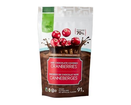 Green Sun Foods - Cranberries dipped in 70% Dark Chocolate, 91g