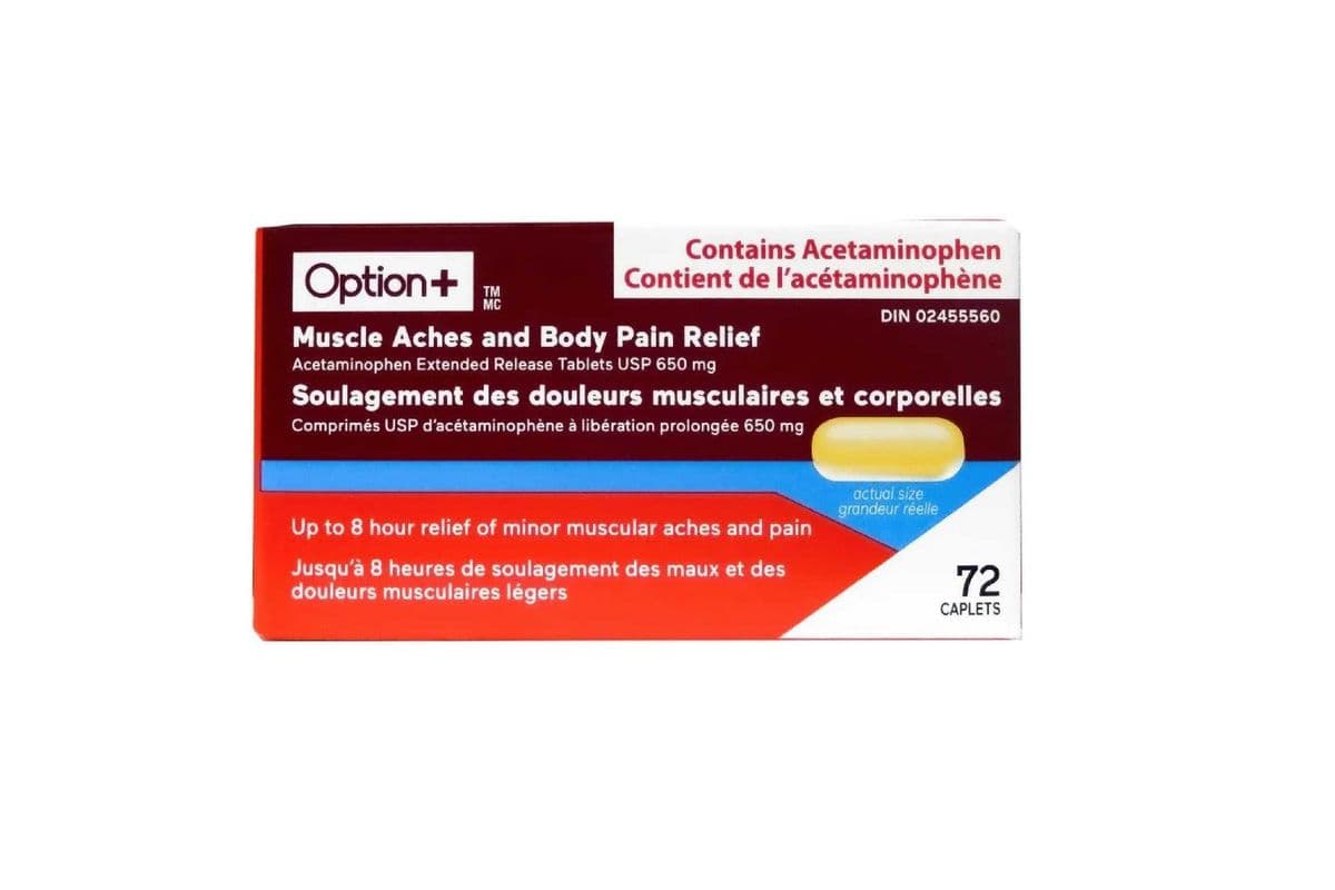 OPTION+ ACETAMINOPHEN EXTENDED RELIEF 650MG MUSCLE ACHES AND BODY PAIN RELIEF 72 CAPLETS PACK (72 CAPLETS PACK)