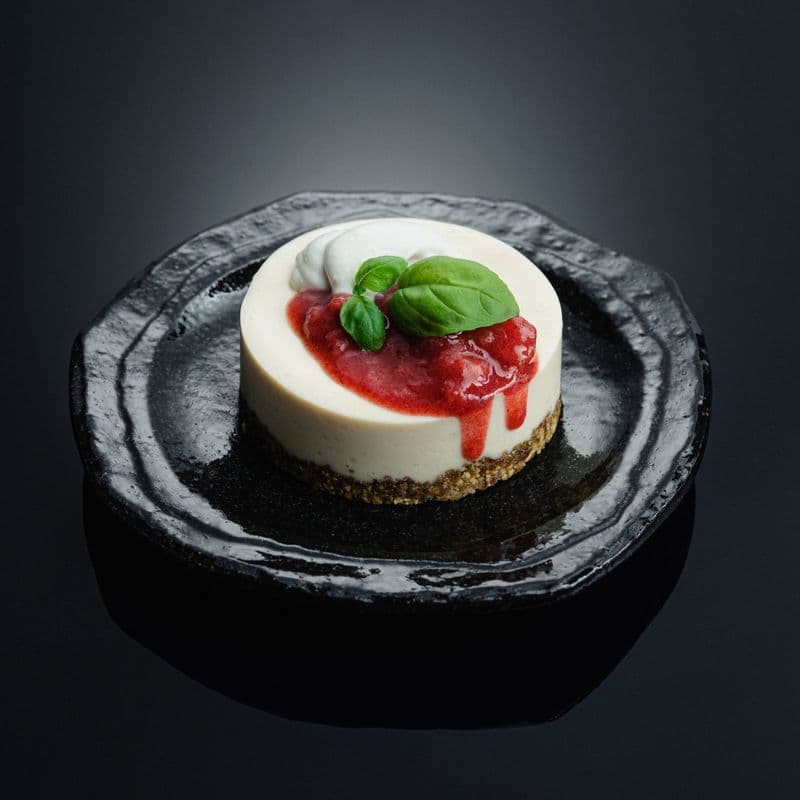 Light Lemon Cheezecake with Raspberry Coulis or Mango Sauce (Vegan, gluten free, made with organic ingredients)